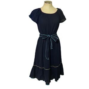 Talbots Navy Blue Crinkled Gauze Belted Midi Dress Size Medium